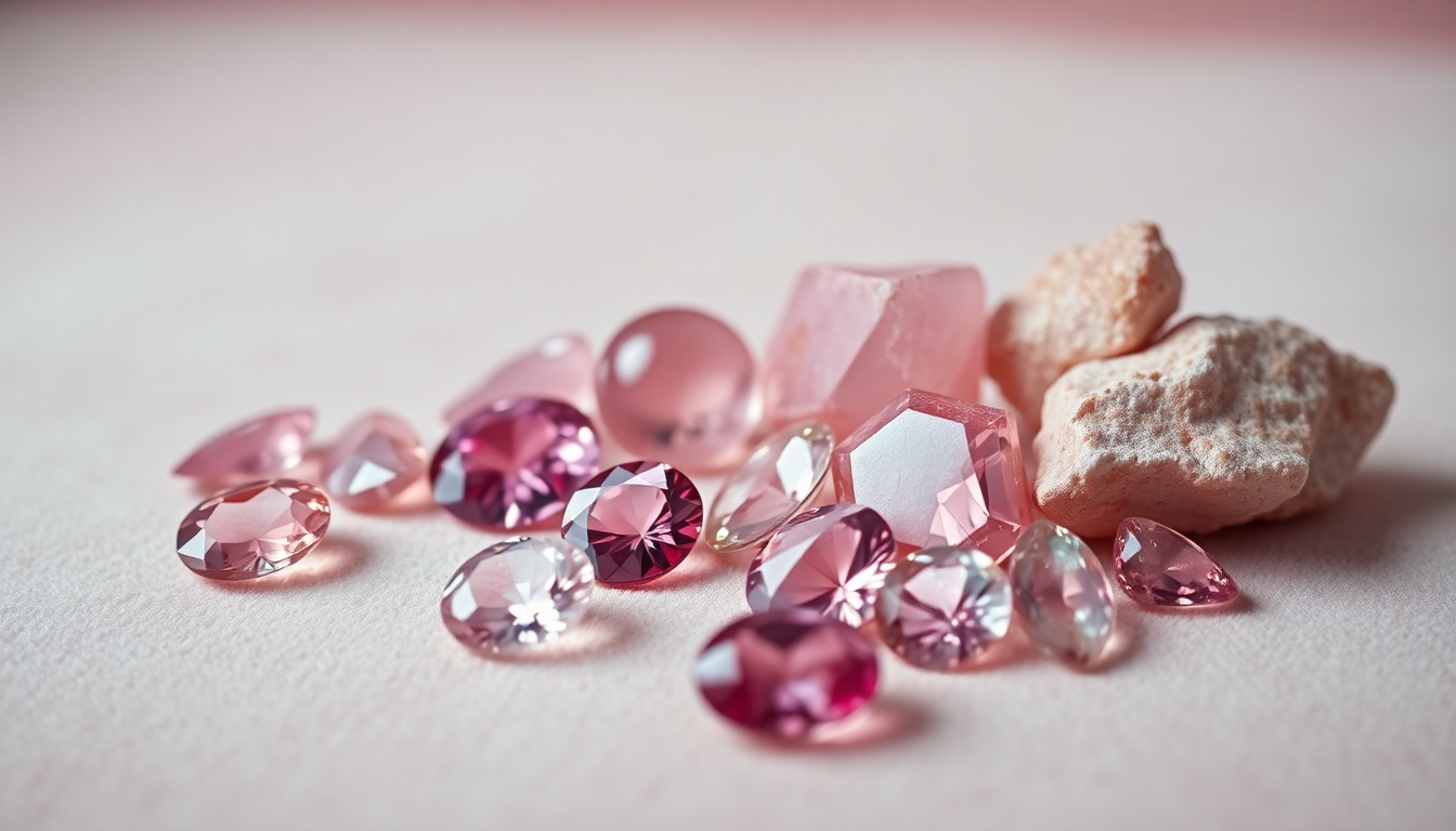 Collection of various popular pink gemstones displayed with natural stones on a soft background