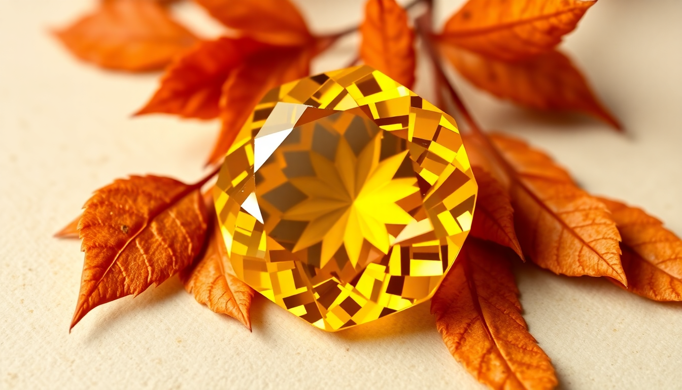 Vibrant yellow November birthstone gemstone resting on autumn leaves for seasonal elegance