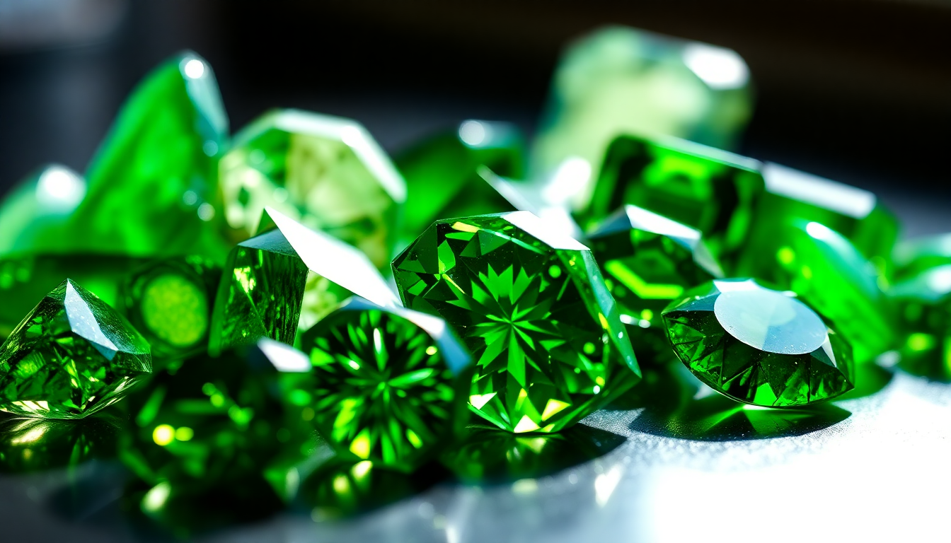 A variety of green gemstones, showcasing unique cuts and brilliant colors for green gemstones identification