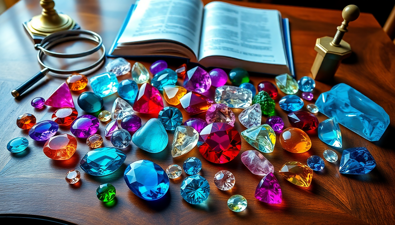 Bunte Auswahl an Edelsteinen auf einem Holztisch mit einem offenen Buch darüber, was ein Edelstein ist
