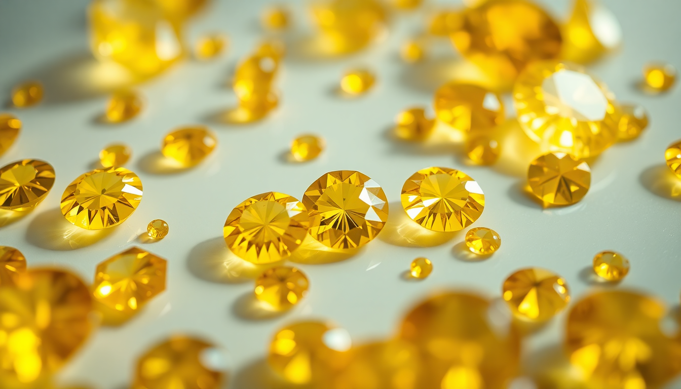Variety of sparkling yellow gemstones types displayed on a white surface showcasing their vibrant colors