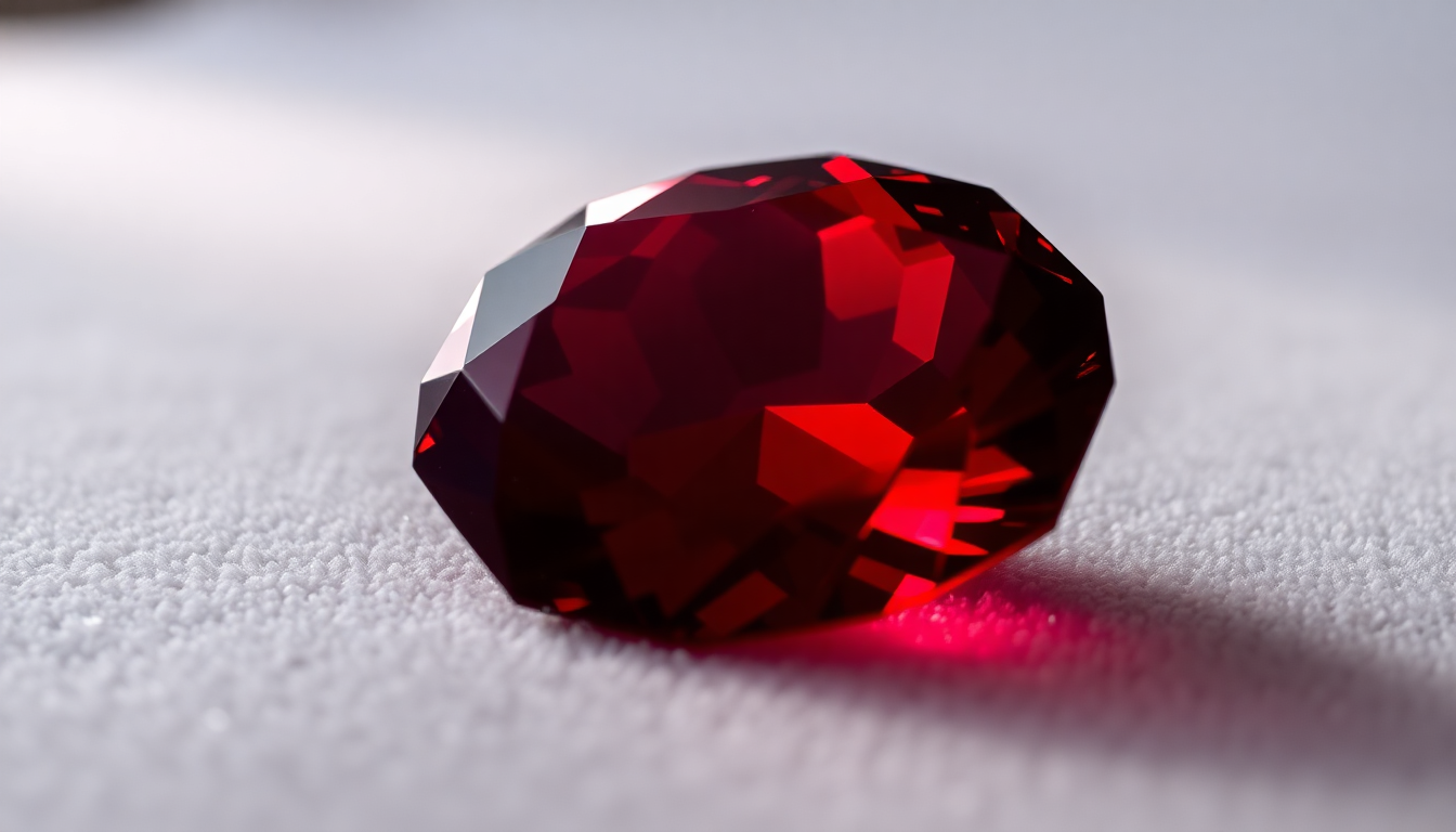 Close-up of a sparkling deep red garnet, the January birthstone, showcasing its intricate facets