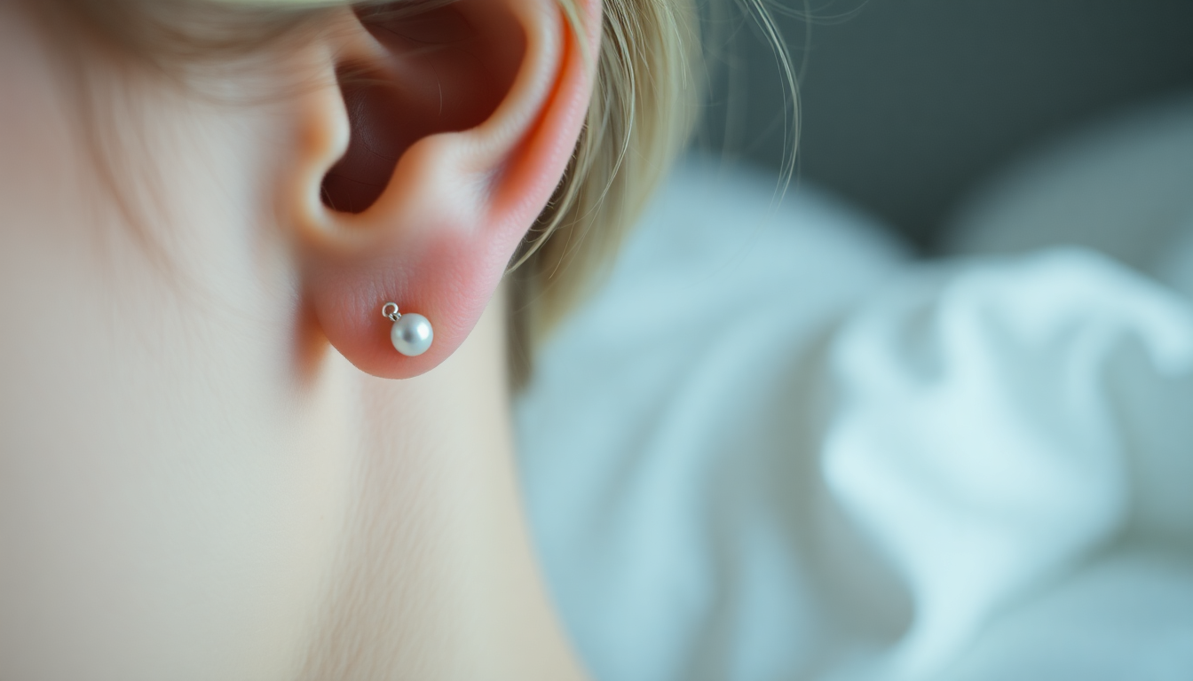 Close-up of a person's ear with pearl earrings highlighting the benefits of silver earrings sleep