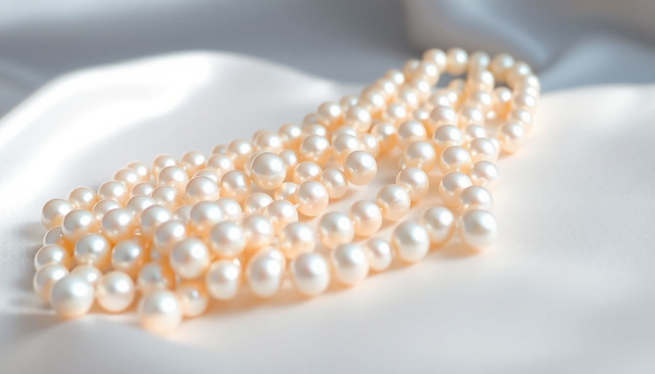 Elegant strands of pearls representing the June birthstone pearl on a soft fabric background