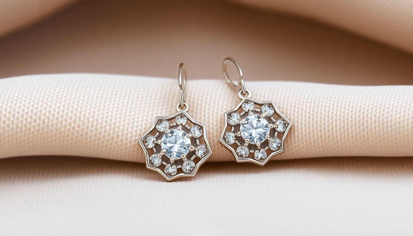 Elegant Silver Earrings with Gemstones in a Floral Design on a Soft Fabric Background