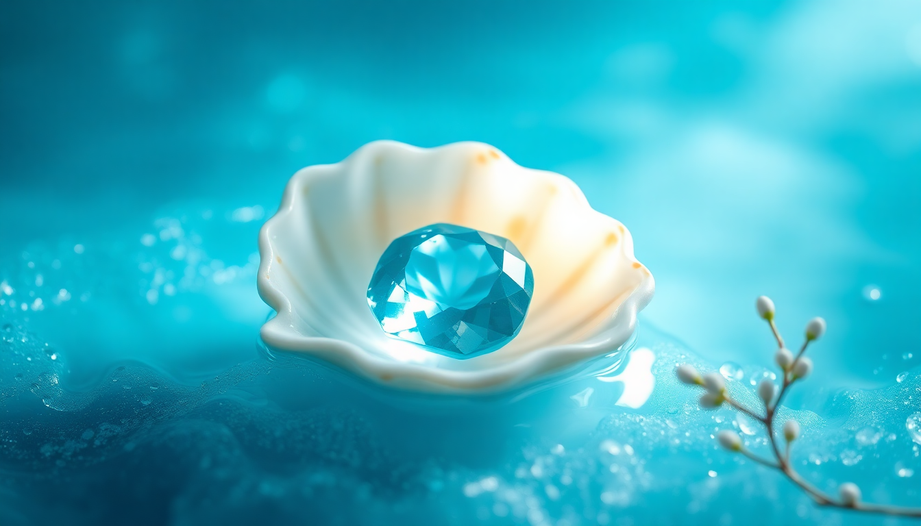Shimmering aquamarine gemstone in a shell, representing the March birthstone aquamarine