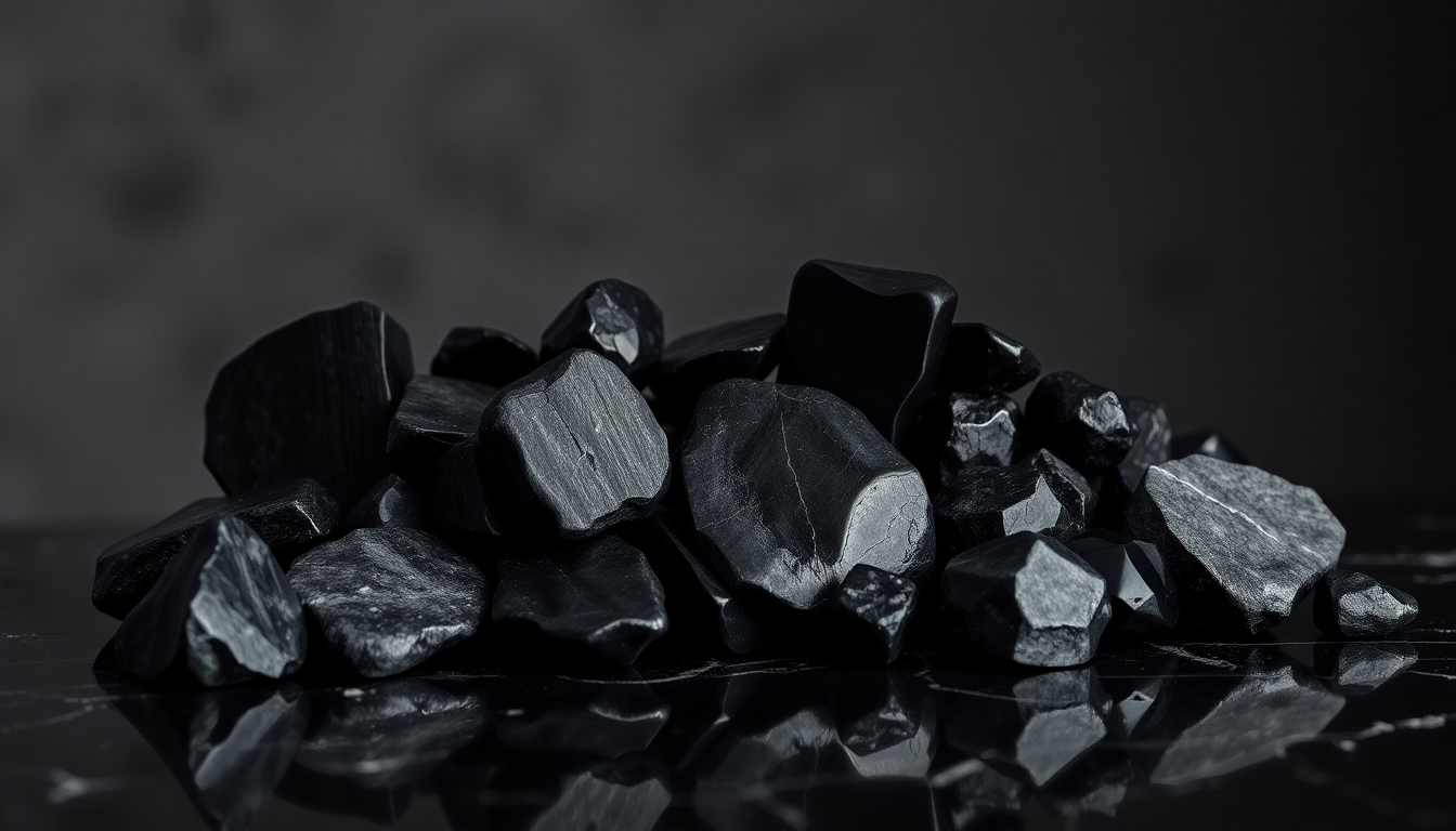 A collection of various black gemstones from a black gemstones list reflecting on a dark surface