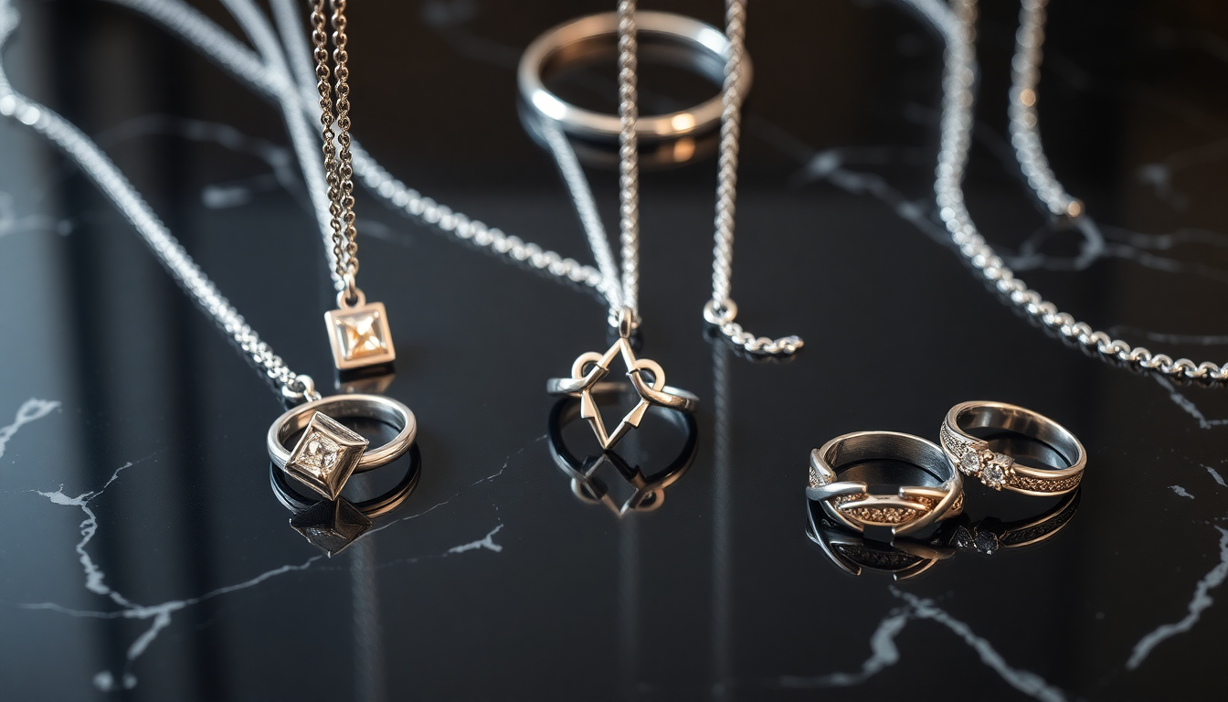 Elegant jewelry pieces featuring 925 silver rings and necklaces on a marble surface