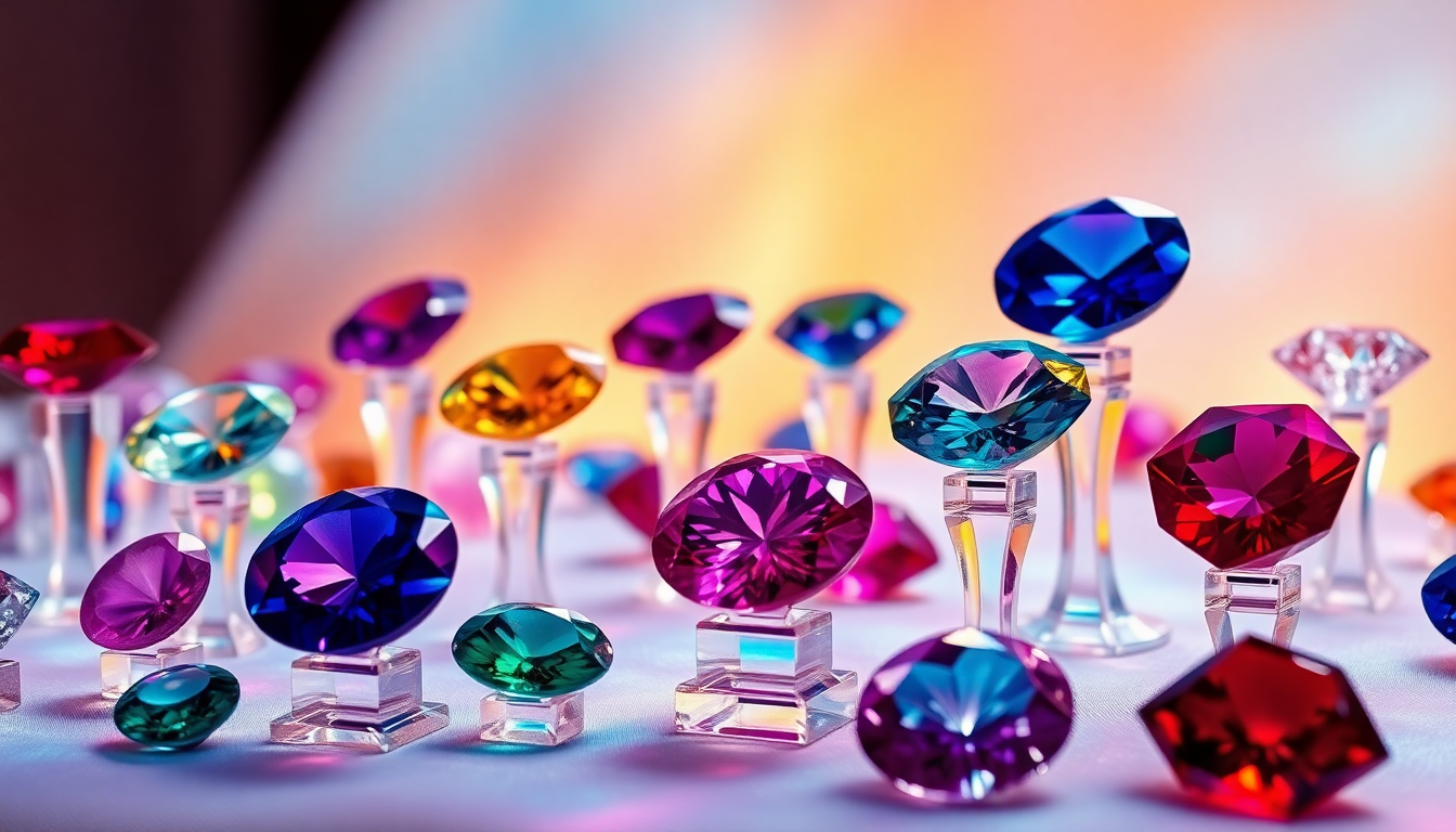 Colorful collection of gemstones displayed on stands, perfect for learning where to buy gemstones online