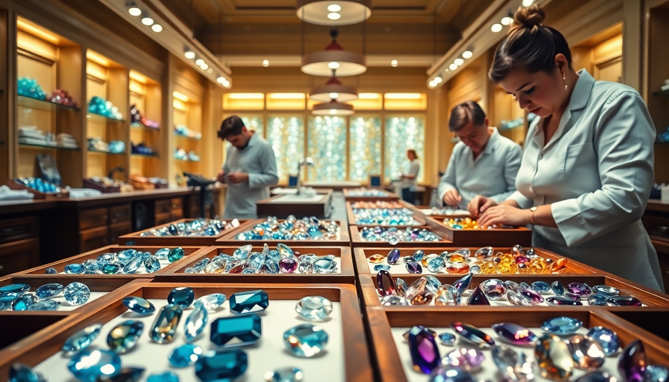Jewelry store showcasing a variety of gemstones for sale, perfect for learning where to buy gemstones online