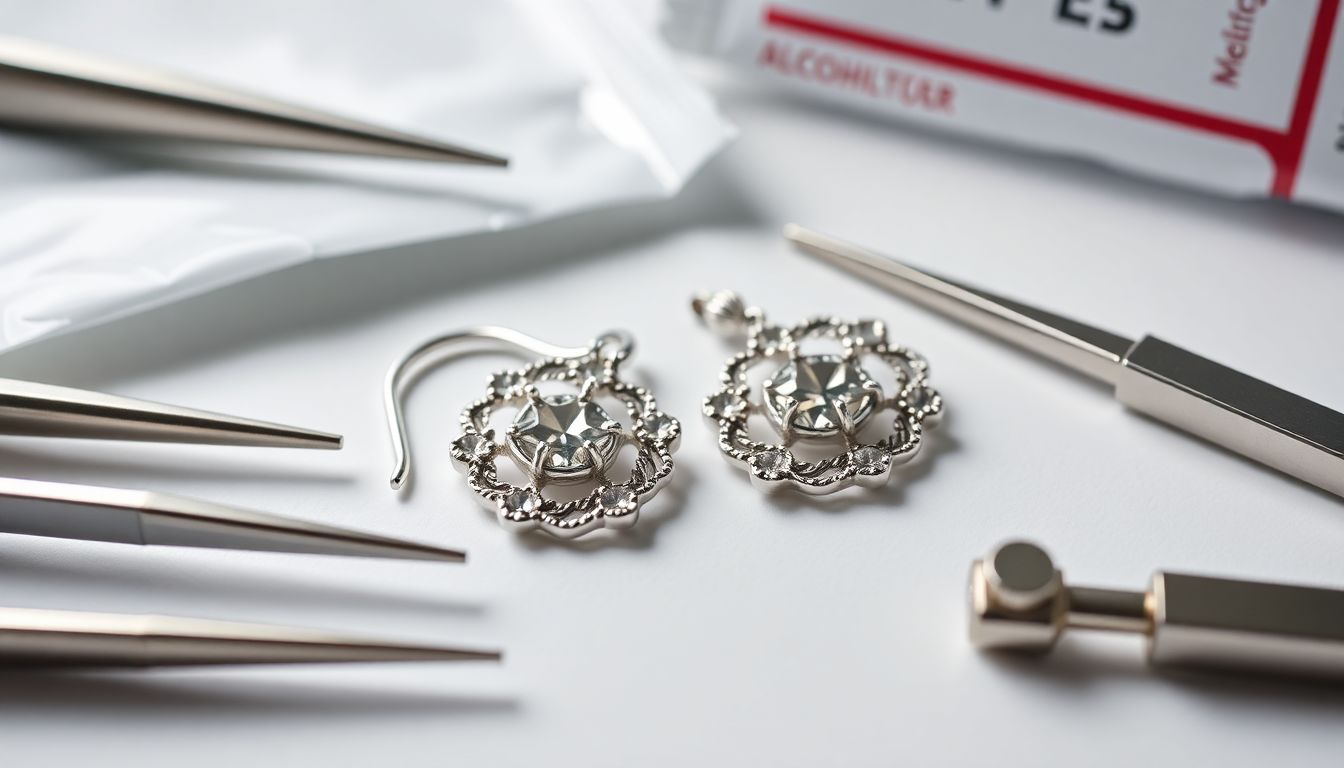 Tools and supplies arranged for how to sterilize silver earrings effectively