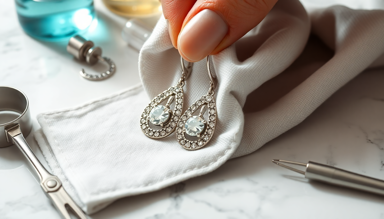 A person demonstrating how to disinfect silver earrings with cleaning supplies and a polishing cloth