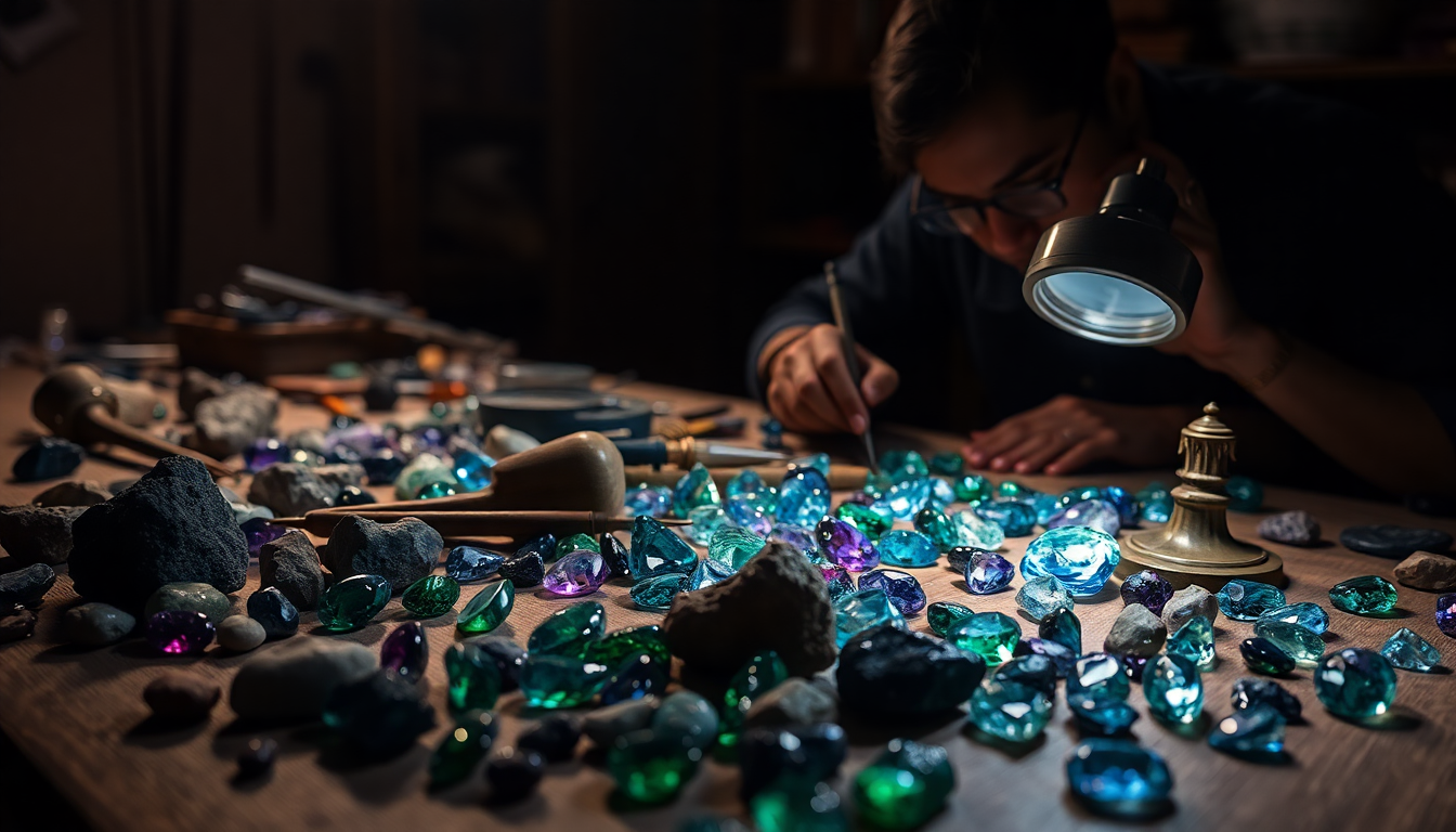 A gemstone expert examining various loose gemstones on a table, ideal to buy loose gemstones online