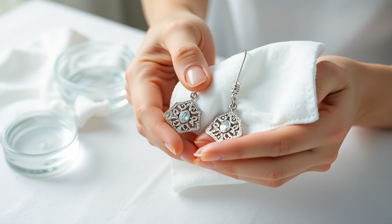 Person demonstrating how to clean silver earrings with a soft cloth and cleaning solution
