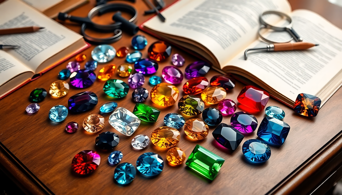 Assorted colorful gemstones displayed on a wooden table with open books defining what is a gemstone
