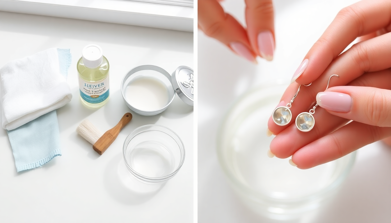 Supplies and DIY silver earring cleaning at home with cleaning solution and tools on the table