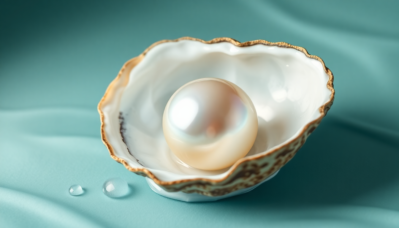 Glänzender Perlenedelstein für Juni, der in einer wunderschönen Muschel auf einer weichen Oberfläche ruht