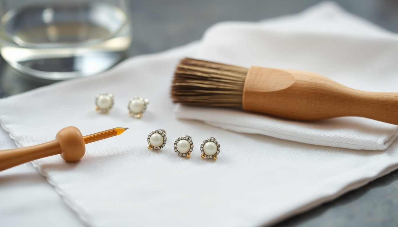 Tools and materials for how to clean silver earring studs laid out on a cloth