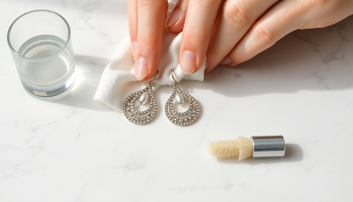 Cleaning silver earrings at home using a polishing cloth and cleaning solution