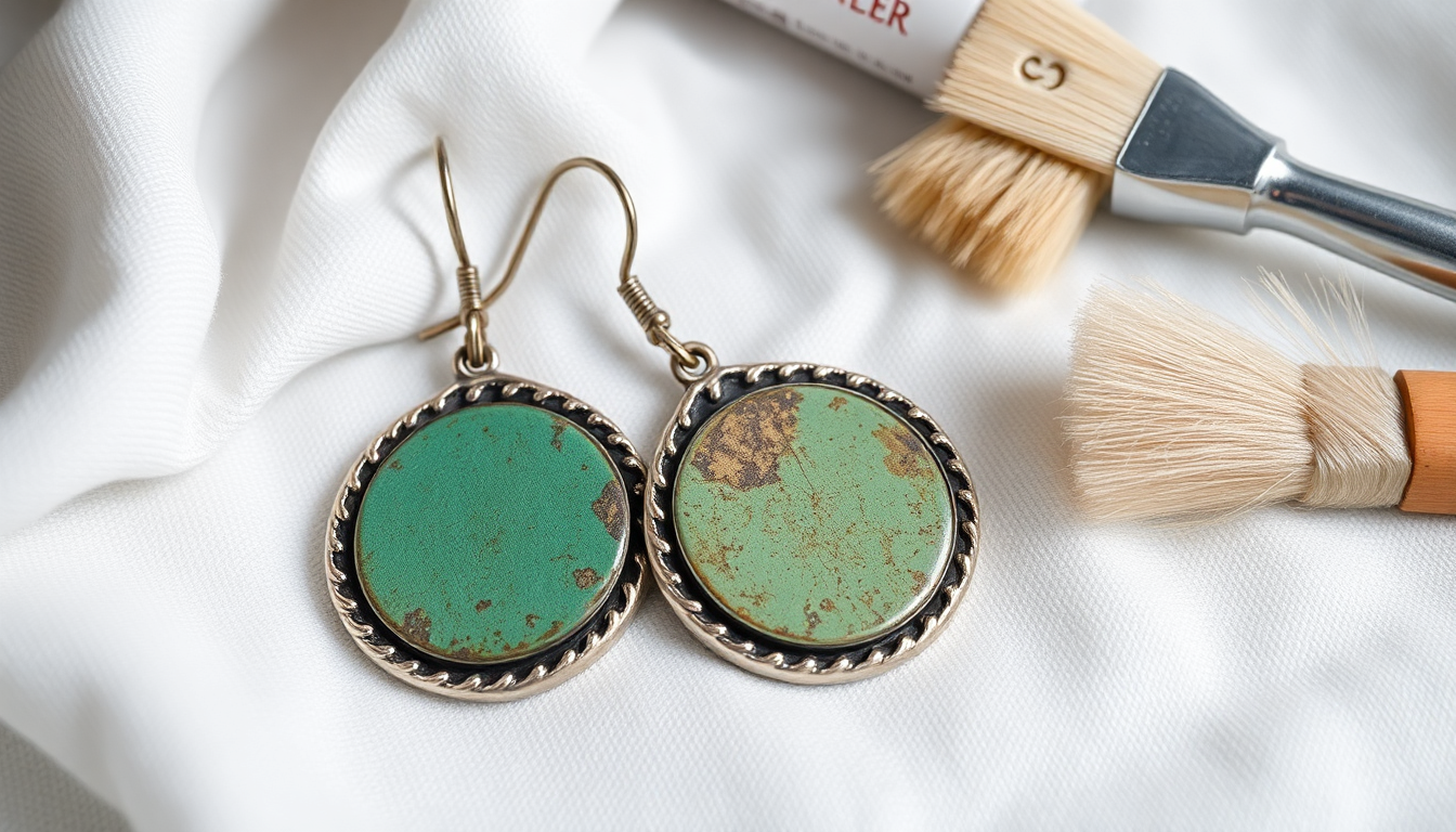Cleaning tools and green silver earrings illustrating how to clean green silver earrings effectively