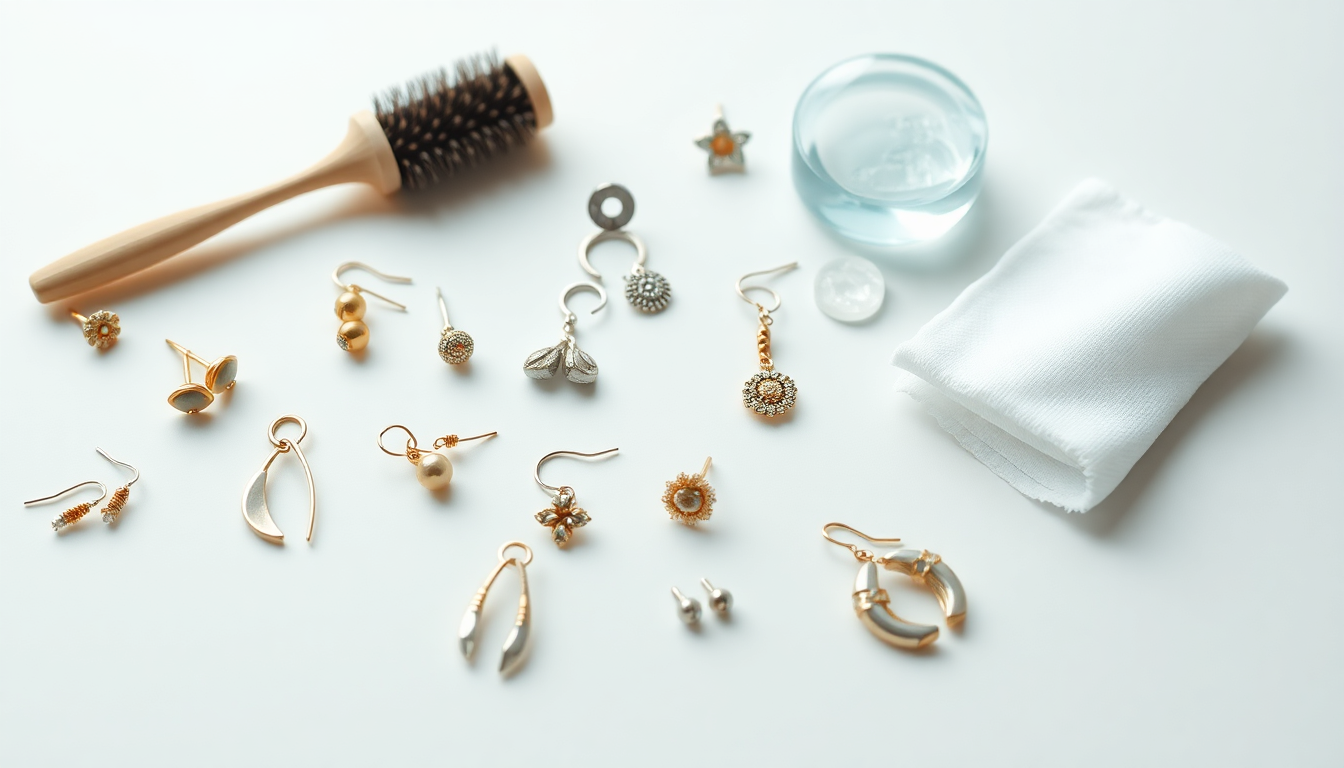 A flat lay of various earrings and cleaning tools showing how to clean sterling silver earrings