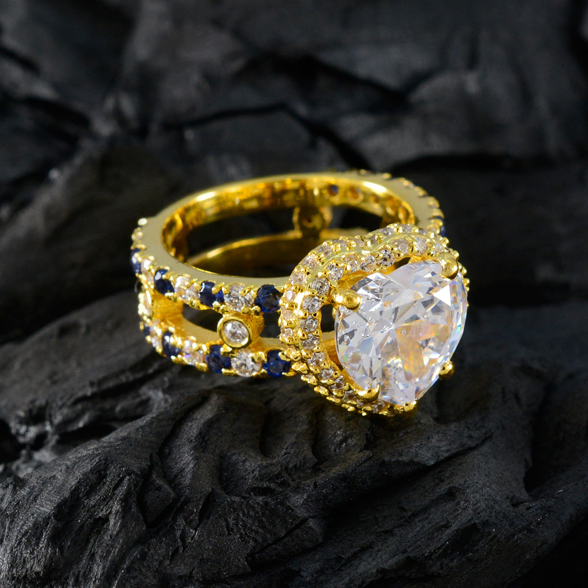 Blue Sapphire CZ Halo Korean 925 Sterling Silver Blue Gemstone Mid weight Heart Ring Jewelry