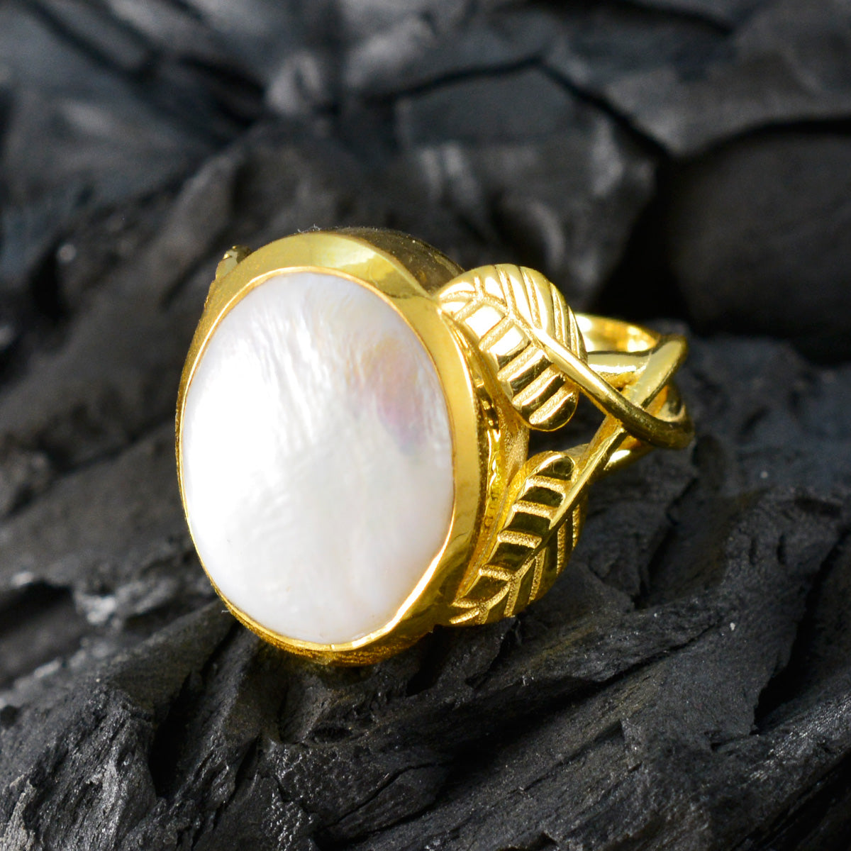 Pearl Solitaire Italian 92.5 Silver White Gemstones Statement Leafy Ring Jewellery