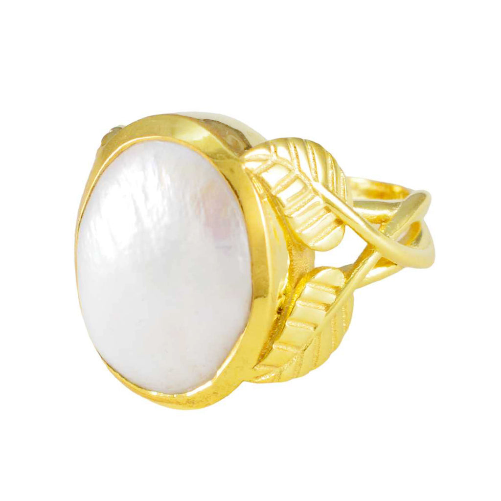 Pearl Solitaire Italian 92.5 Silver White Gemstones Statement Leafy Ring Jewellery