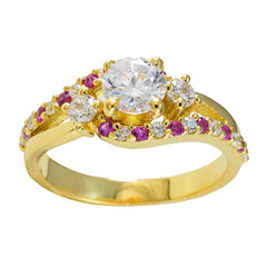 Riyo Best Silver Ring With Yellow Gold Plating Ruby CZ Stone Round Shape Prong Setting Designer Ring