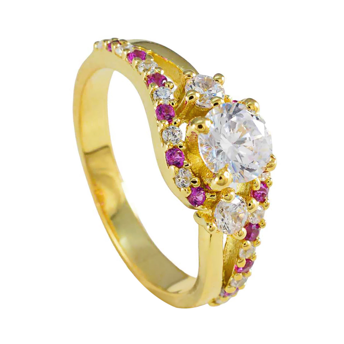 El mejor anillo de plata de riyo con chapado en oro amarillo, piedra de rubí cz, anillo de diseño con ajuste de punta redonda