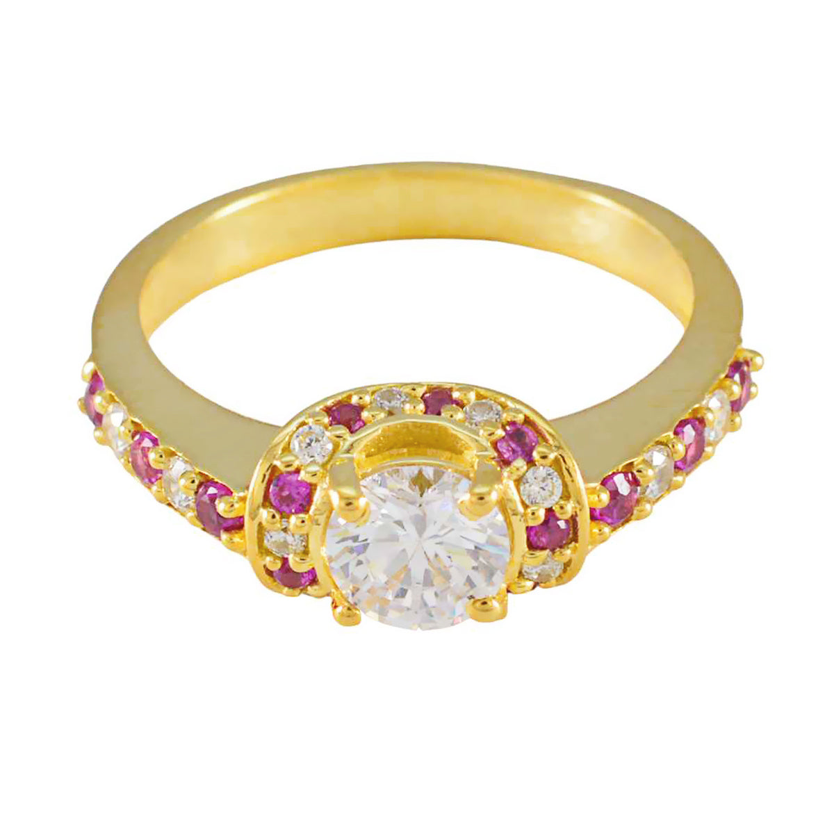 Riyo Choice Silver Ring With Yellow Gold Plating Ruby CZ Stone Round Shape Prong Setting Bridal Jewelry Christmas Ring