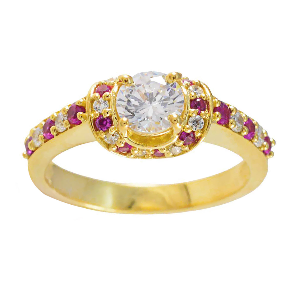 Riyo Choice Silver Ring With Yellow Gold Plating Ruby CZ Stone Round Shape Prong Setting Bridal Jewelry Christmas Ring