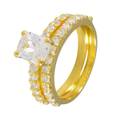 Riyo Vintage Silver Ring With Yellow Gold Plating White CZ Stone Octagon Shape Prong Setting Fashion Jewelry New Year Ring