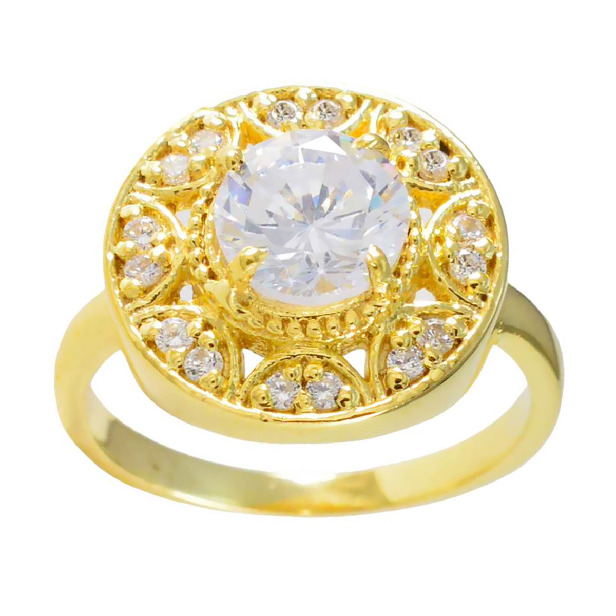 Riyo Wholesale Silver Ring With Yellow Gold Plating White CZ Stone Round Shape Prong Setting Designer Jewelry Thanksgiving Ring