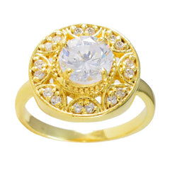 Riyo, venta al por mayor, anillo de plata con chapado en oro amarillo, piedra cz blanca, ajuste de punta redonda, joyería de diseño, anillo de Acción de Gracias