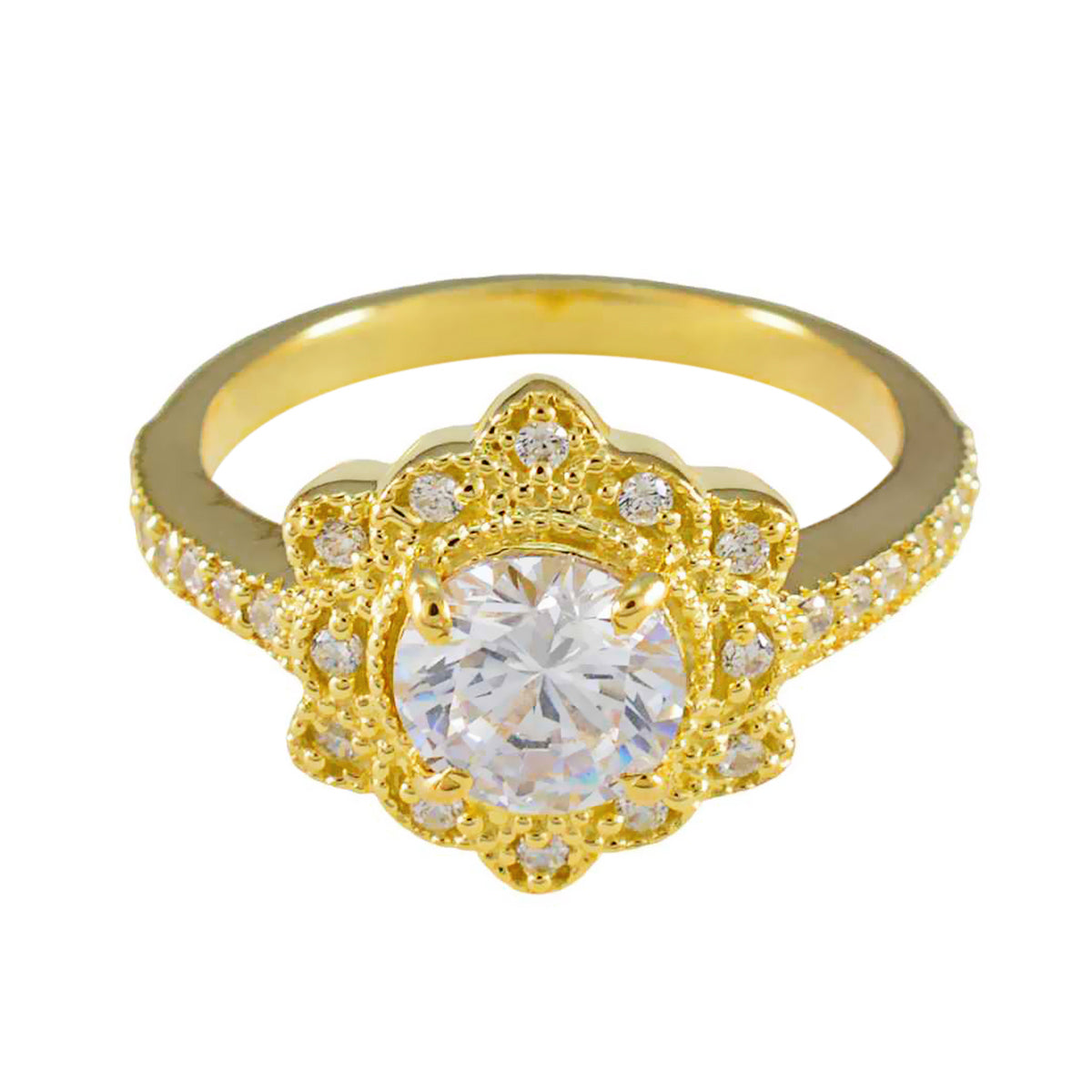 Anillo de plata personalizado riyo con chapado en oro amarillo, piedra cz blanca, ajuste de punta redonda, joyería nupcial, anillo de graduación