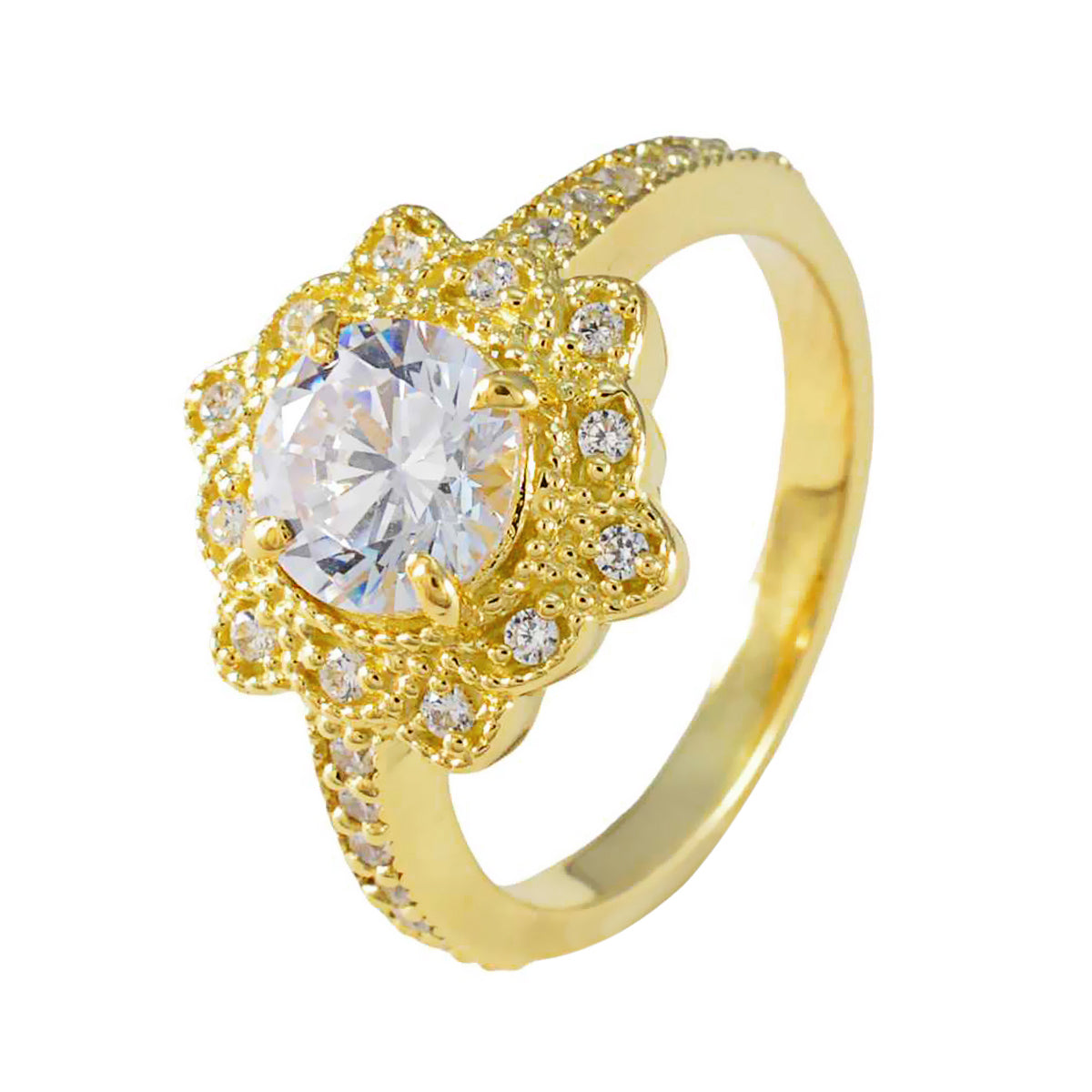 Серебряное кольцо riyo на заказ с покрытием из желтого золота, белый камень cz, круглая форма, зубец, свадебное украшение, выпускное кольцо