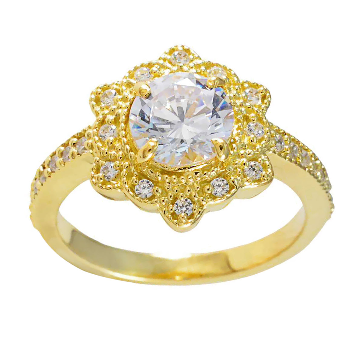 Anillo de plata personalizado riyo con chapado en oro amarillo, piedra cz blanca, ajuste de punta redonda, joyería nupcial, anillo de graduación