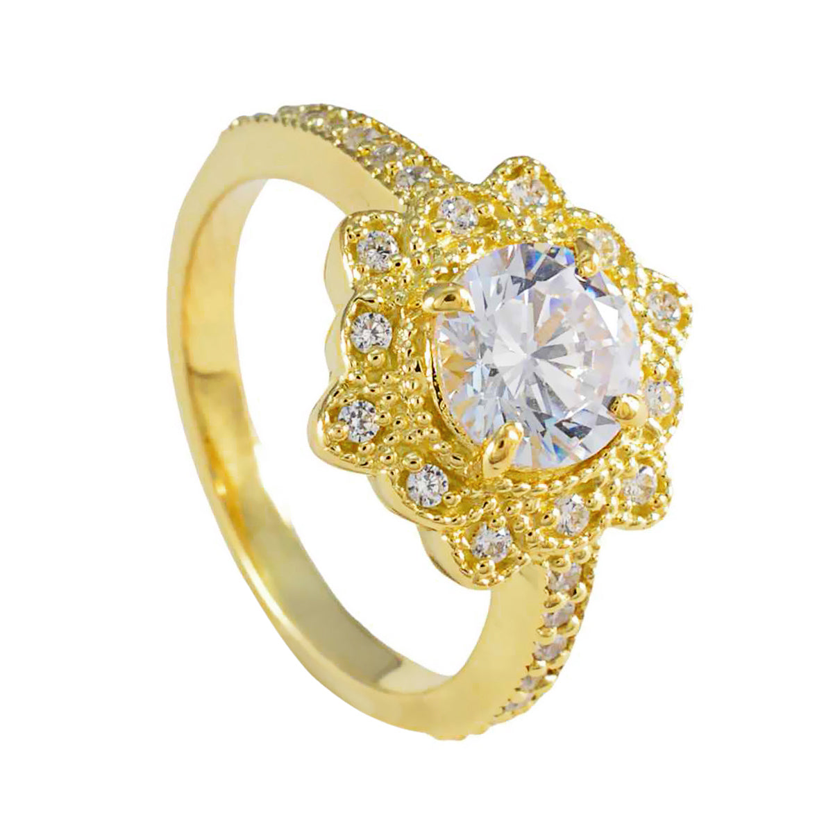 Riyo Custom Silver Ring With Yellow Gold Plating White CZ Stone Round Shape Prong Setting Bridal Jewelry Graduation Ring