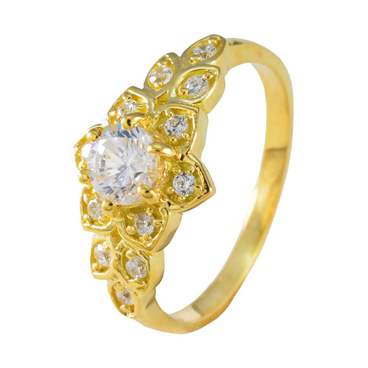 Riyo Desirable Silver Ring With Yellow Gold Plating White CZ Stone Round Shape Prong Setting Stylish Jewelry New Year Ring