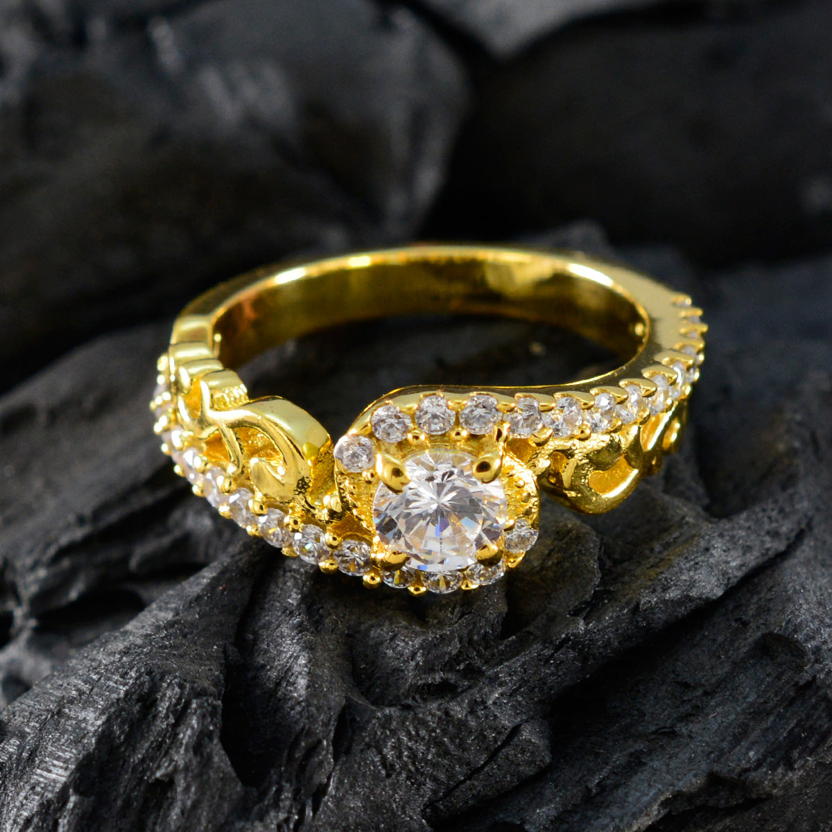 Riyo Elegant Silver Ring With Yellow Gold Plating White CZ Stone Round Shape Prong Setting Fashion Jewelry Thanksgiving Ring
