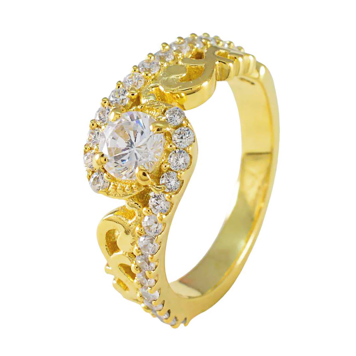 Riyo elegante anillo de plata con chapado en oro amarillo piedra blanca cz forma redonda ajuste de punta joyería de moda anillo de Acción de Gracias
