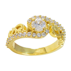 Riyo Eleganter Silberring mit gelber Vergoldung, weißem CZ-Stein, runde Form, Krappenfassung, Modeschmuck, Thanksgiving-Ring