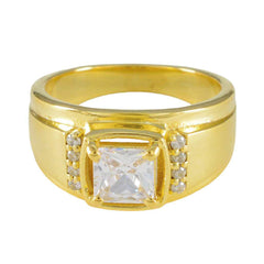 Riyo エクセレント シルバー リング イエロー ゴールド メッキ ホワイト CZ ストーン スクエア形状プロング セッティング ジュエリー 結婚指輪