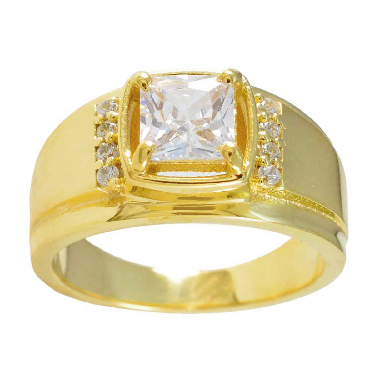 Excelente anillo de plata riyo con chapado en oro amarillo, piedra cz blanca, ajuste de punta cuadrada, joyería, anillo de boda