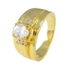 Riyo Exporteur Zilveren Ring Met Geel Goud Plating Witte CZ Steen Ovale Vorm Prong Setting Antieke Sieraden Verjaardagsring