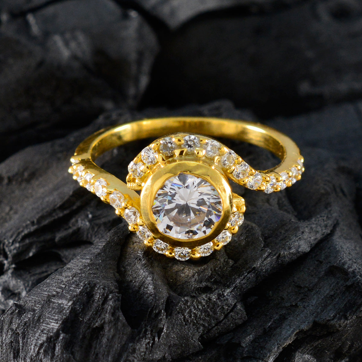 Riyo Uitgebreide zilveren ring met geelgouden witte CZ-steen Ronde vorm Prong Setting Bruidssieraden Verjaardagsring