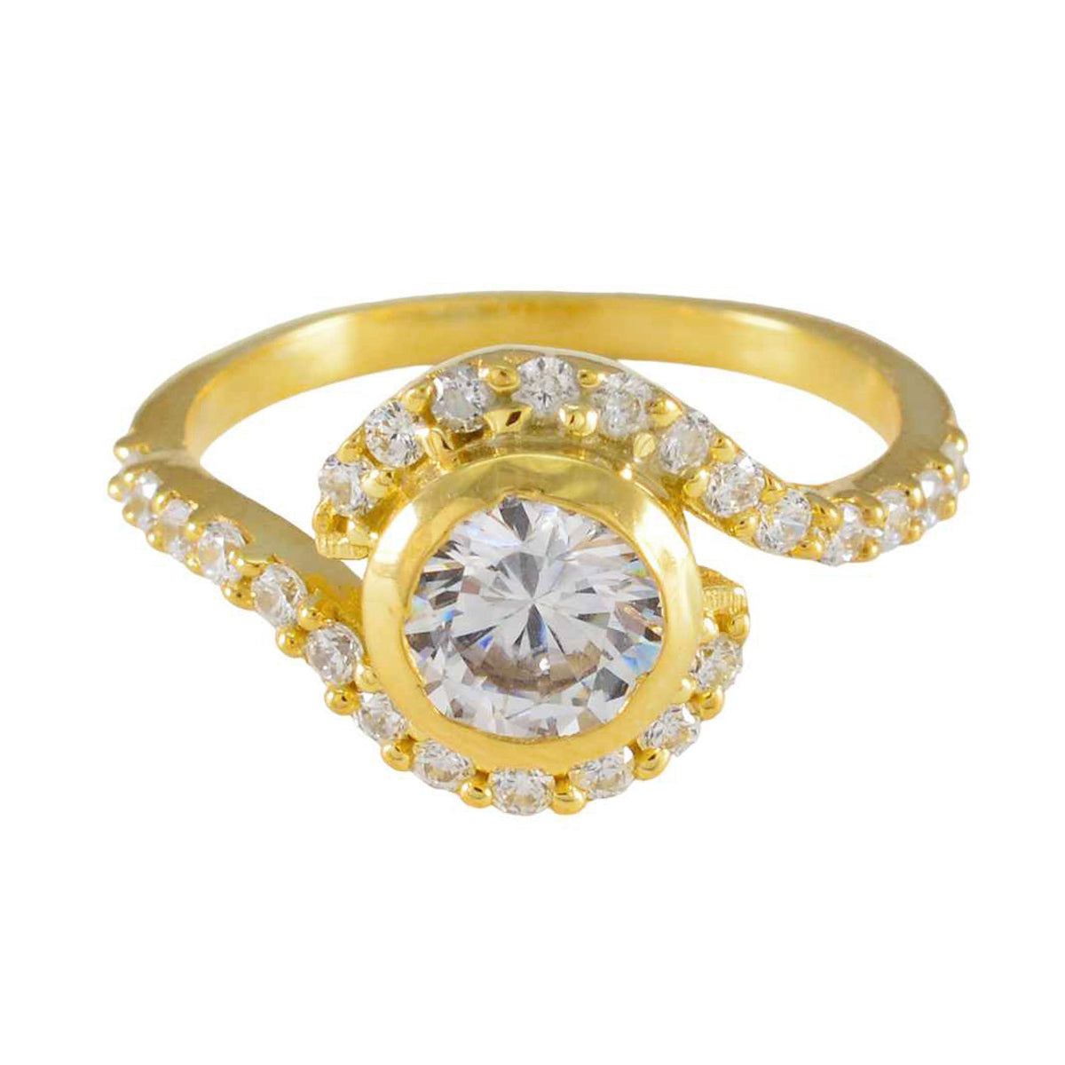 Riyo Uitgebreide zilveren ring met geelgouden witte CZ-steen Ronde vorm Prong Setting Bruidssieraden Verjaardagsring