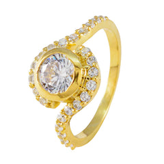 Riyo Extensive Silver Ring With Yellow Gold Plating White CZ Stone Round Shape Prong Setting Bridal Jewelry Birthday Ring