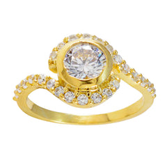 Riyo Extensive Silver Ring With Yellow Gold Plating White CZ Stone Round Shape Prong Setting Bridal Jewelry Birthday Ring